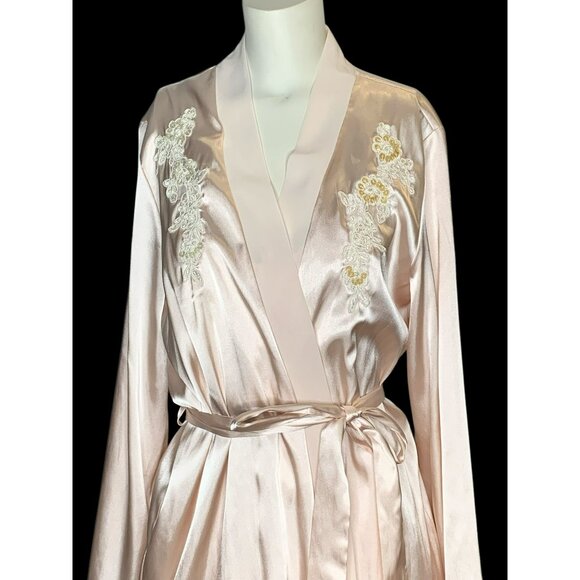 Vtg Linea Donatella Pink Satin Embroidered Lace Robe & Chemise Slip Dress Set S - Picture 9 of 12